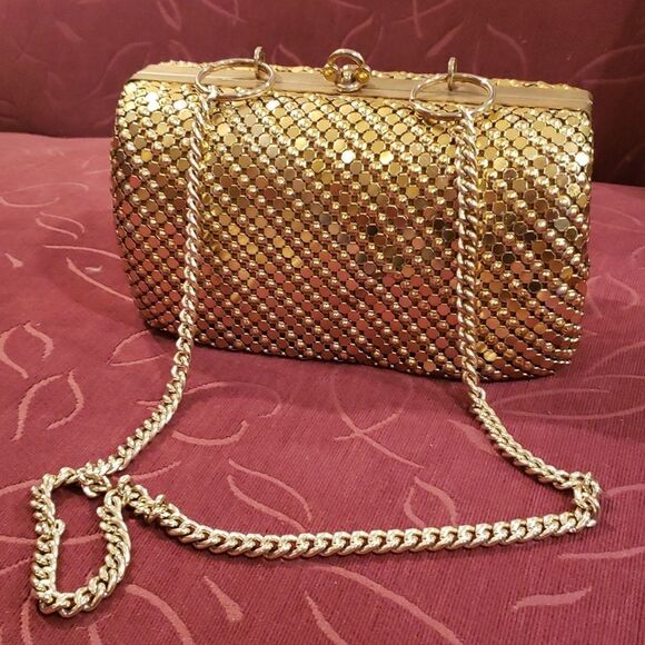 Vintage Goldtone Mesh Box Clutch Purse - Picture 1 of 11